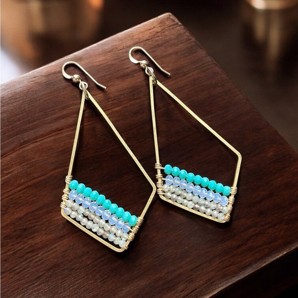 Genuine Labradorite Opalite Geometric Earrings - Picture 2 of 4